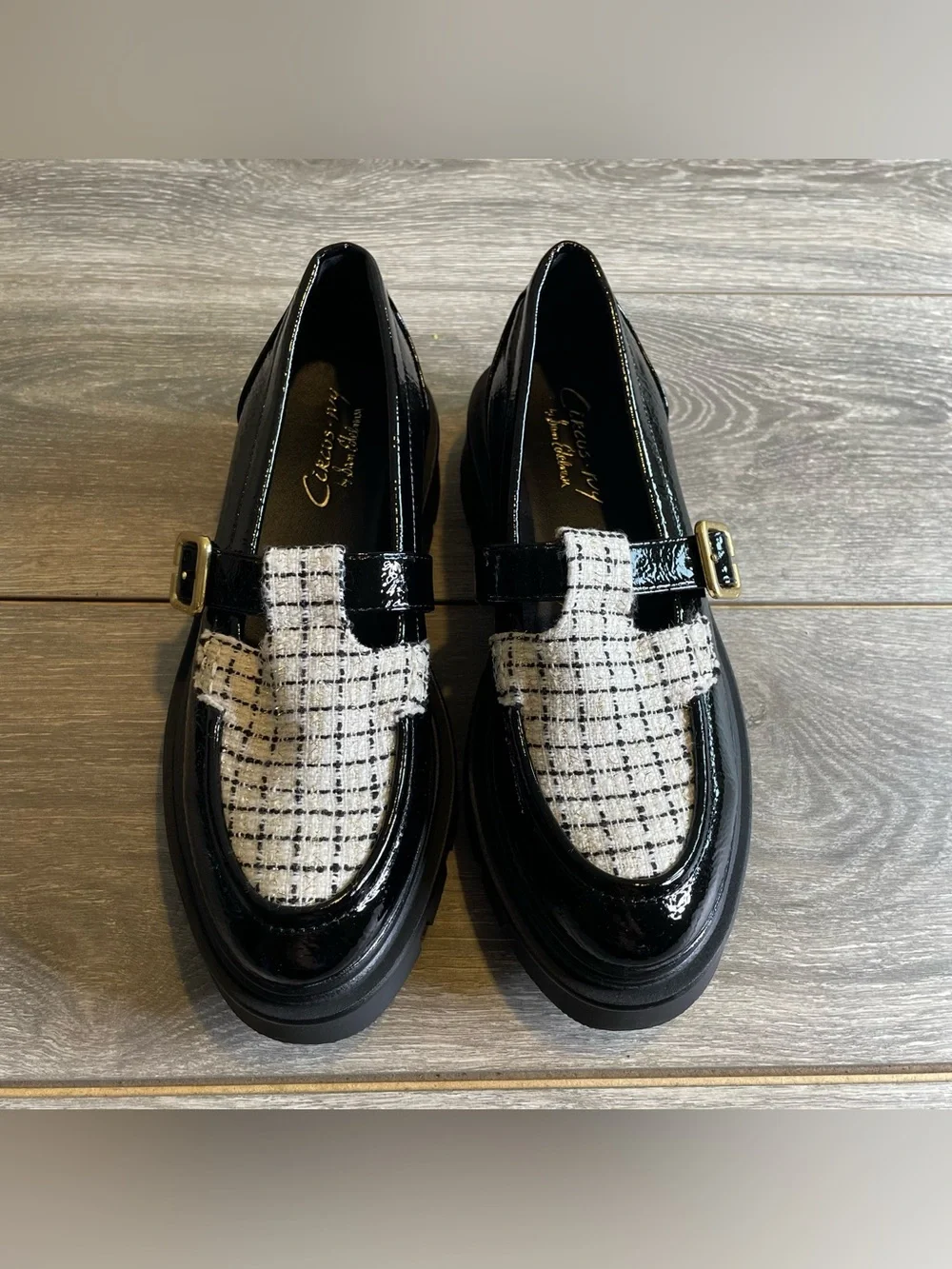 Circus NY Sam Edelman Black Patent Tweed Lug Sole T-Strap Loafers Women Sz 9.5